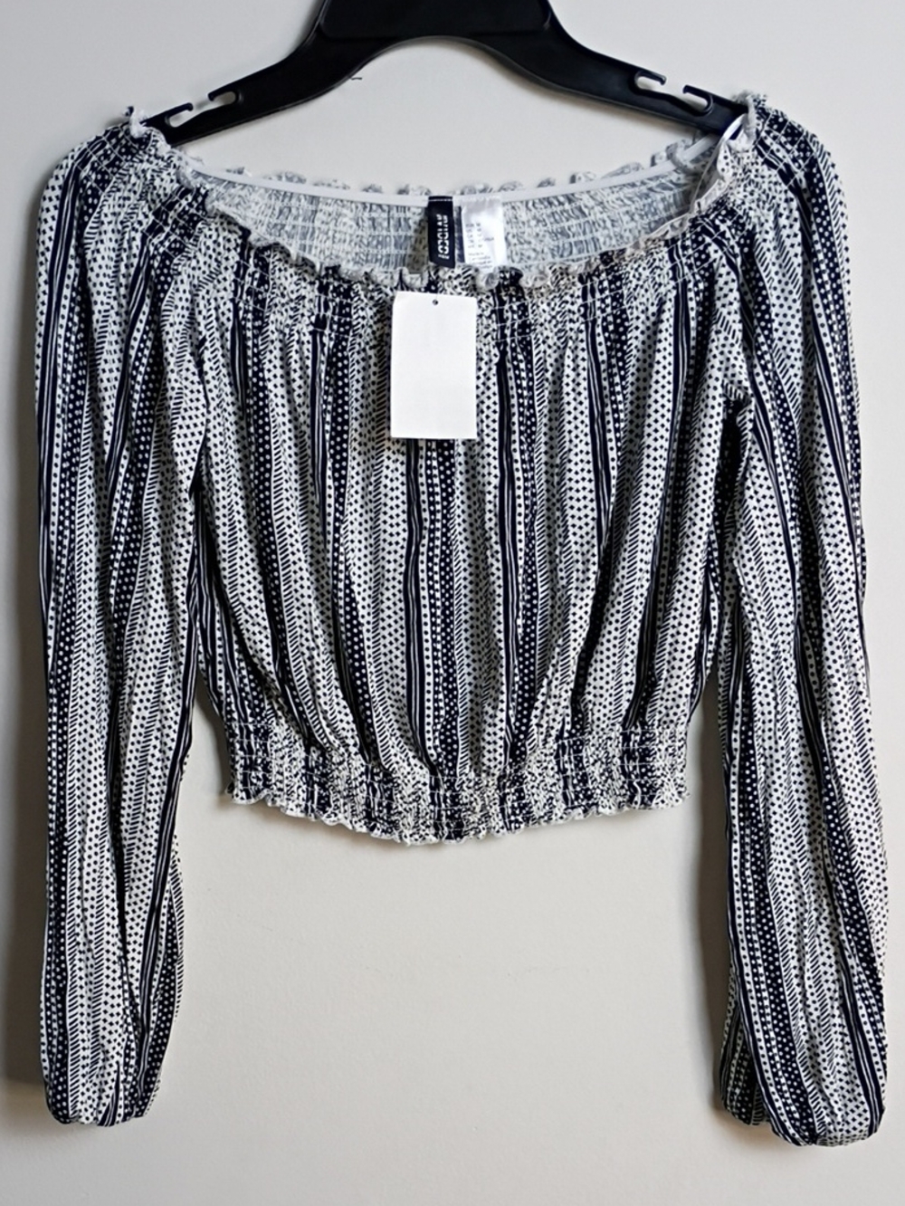 H&M Black and White Striped Off-Shoulder Smocked Crop Top